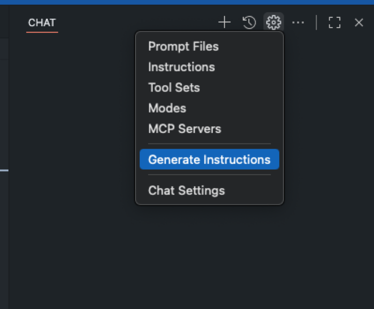 Generate instructions in VS Code using configure chat.
