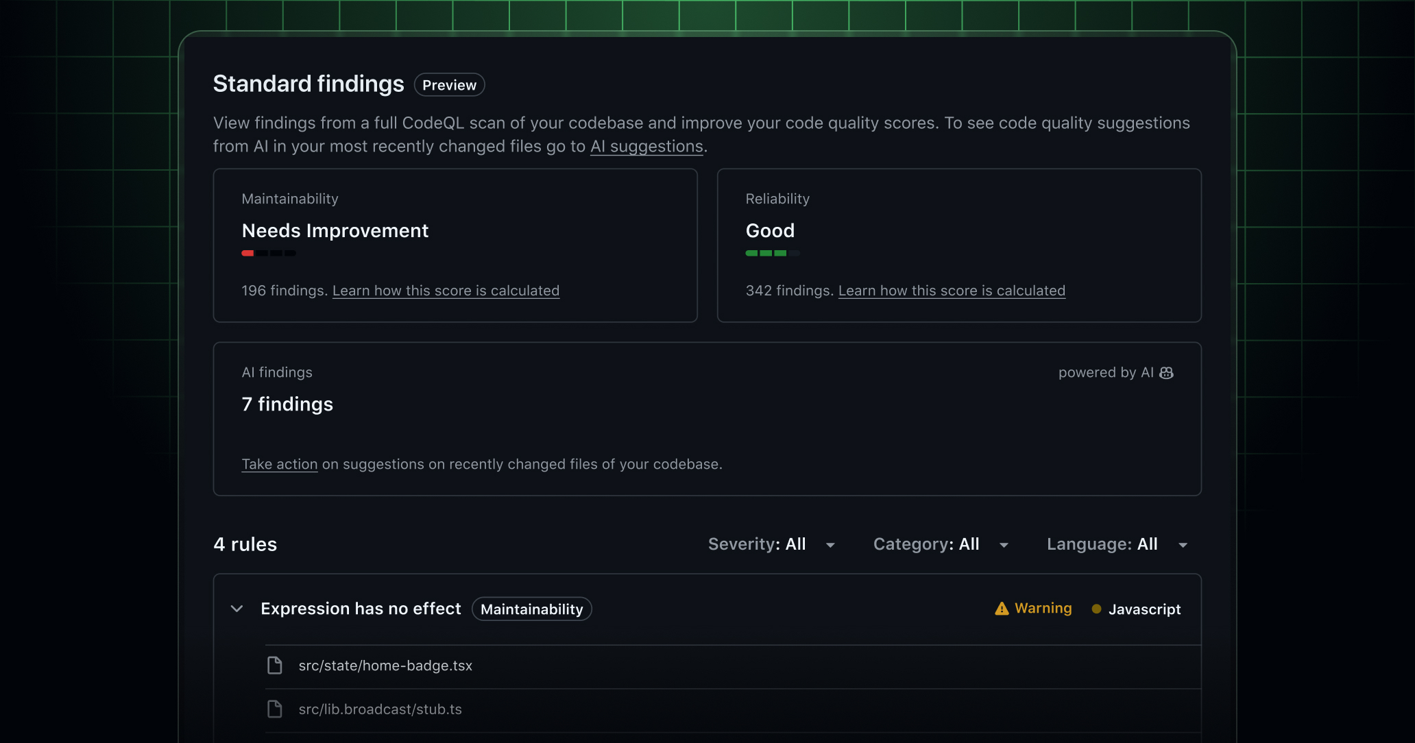 GitHub Code Quality repository view