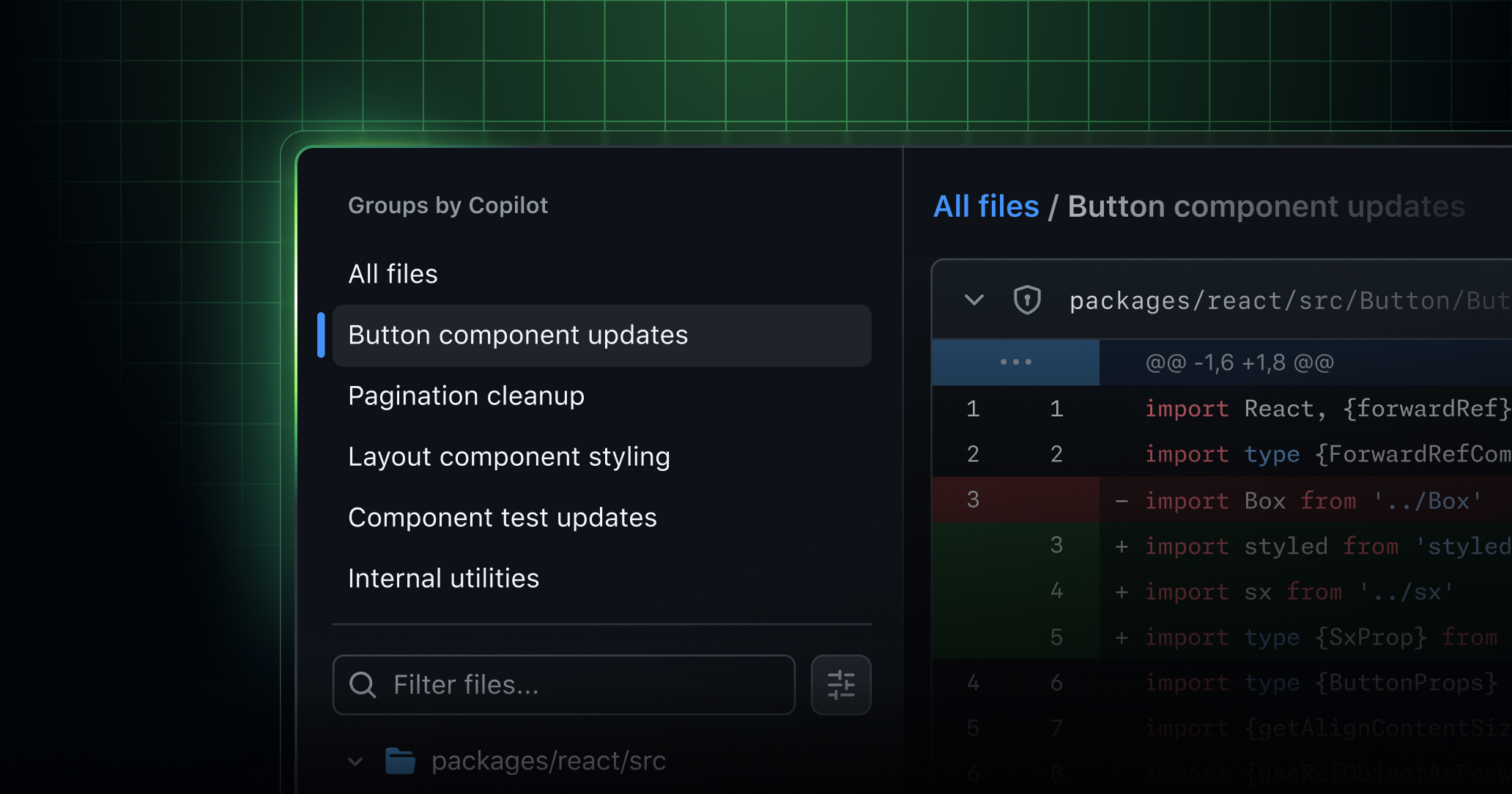 UI of pull request changes grouped by Copilot