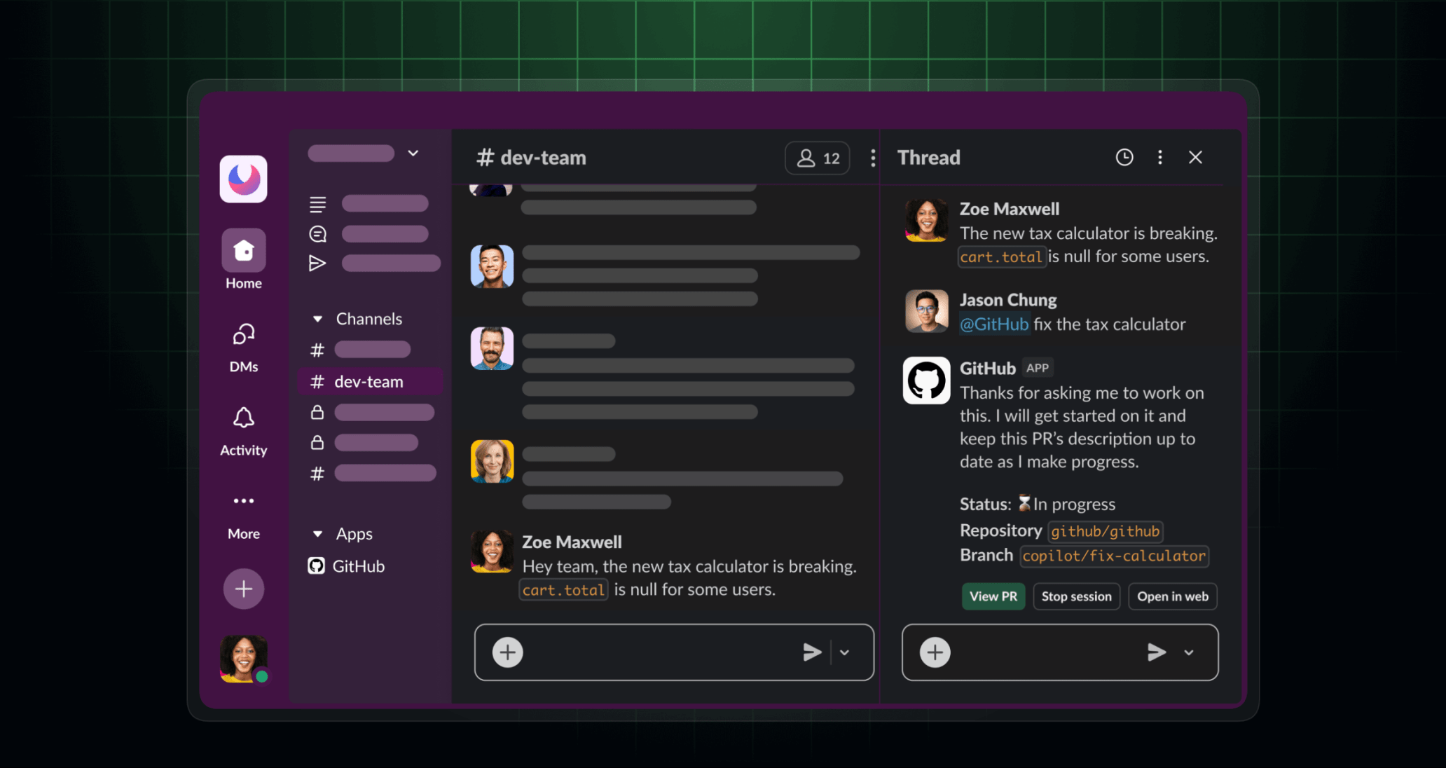 Screenshot of Copilot coding agent generating a pull request in Slack using the GitHub app