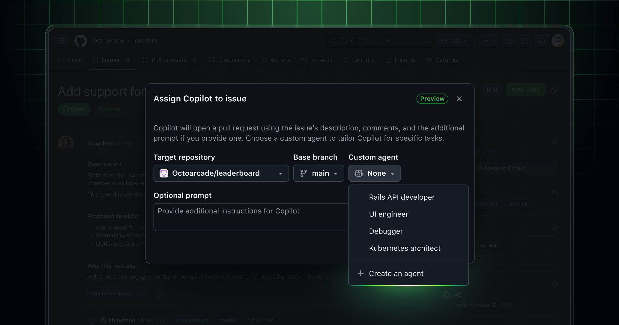 GitHub UI of assigning Copilot to an issue, with custom agent menu expanded