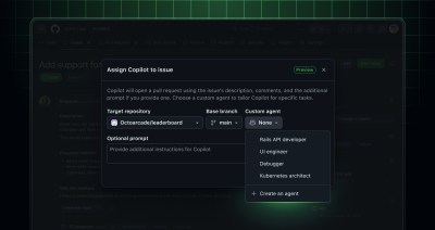 GitHub UI of assigning Copilot to an issue, with custom agent menu expanded