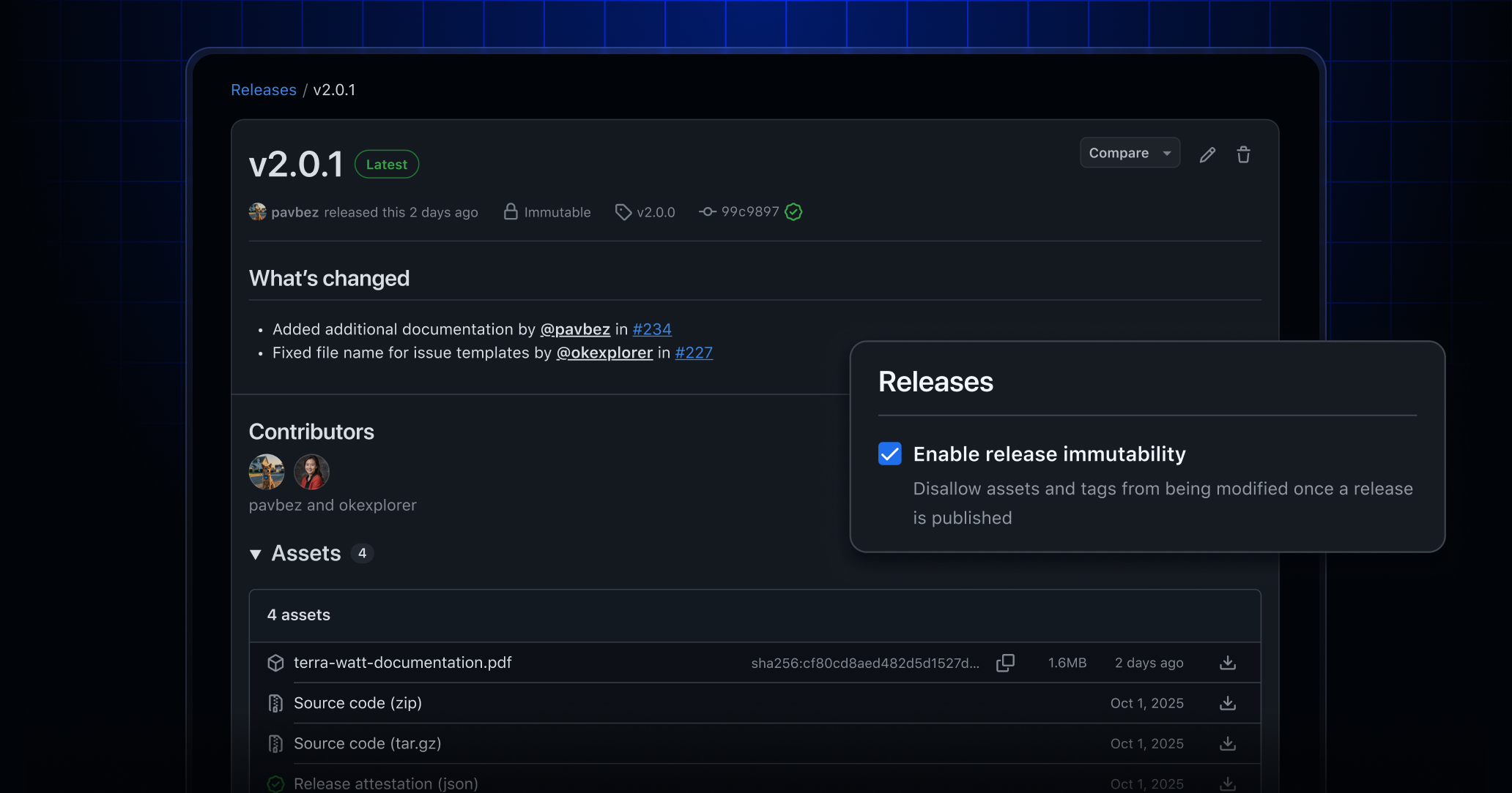 GitHub release page with "enable release immutability" checked
