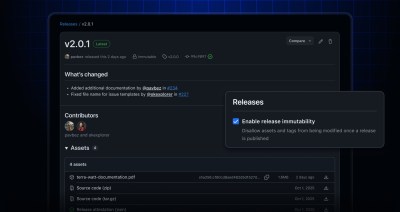 GitHub release page with "enable release immutability" checked