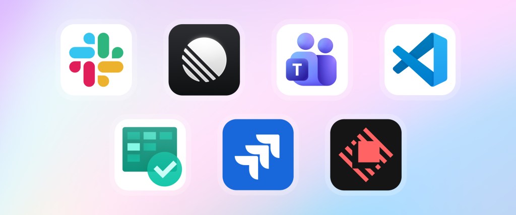 Logos for Slack, Linear, Microsoft Teams, VS Code, Azure Boards, Jira, and Raycast.