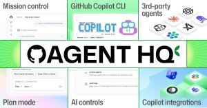 Heading image with the words 'Agent HQ' across the center, surrounded by 'Mission control,' 'GitHub Copilot CLI,' '3rd-party agents,' 'Plan mode,' 'AI controls,' and 'Copilot integrations.'