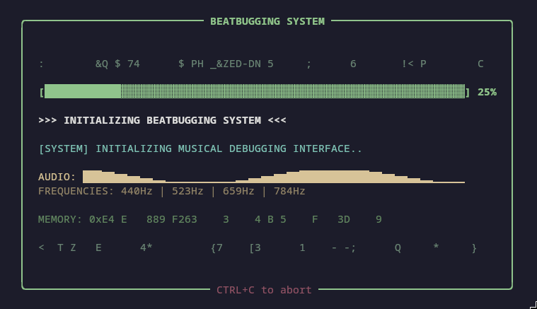 A retro-style terminal interface titled “BEATBUGGING SYSTEM” shows a progress bar at 25%, simulating the initialization of a “musical debugging interface” with audio frequencies, memory readouts, and ASCII symbols displayed on a dark screen.