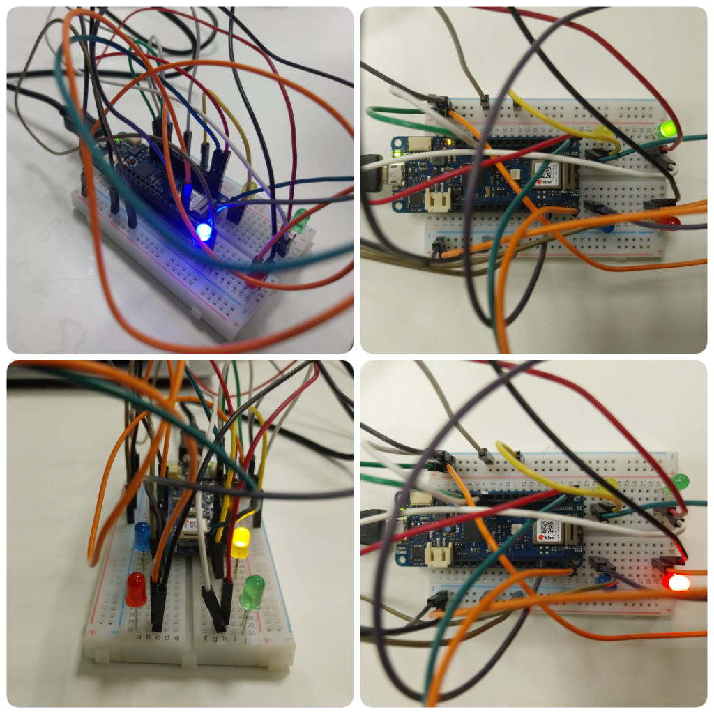 A collage of four photos showing an Arduino breadboard project with multiple jumper wires and LEDs in different colors—blue, green, yellow, and red—lit up during various testing stages.