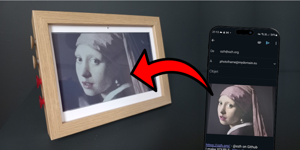 A wooden e-ink photo frame displays a grayscale version of “Girl with a Pearl Earring.” A smartphone next to it shows an email being sent with the same image, and a red arrow points from the phone to the frame, illustrating how the photo is updated remotely.