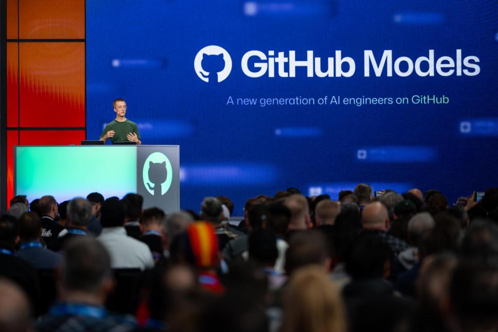Speaker presenting GitHub Models to large audience with "A new generation of AI engineers on GitHub" displayed on screen.