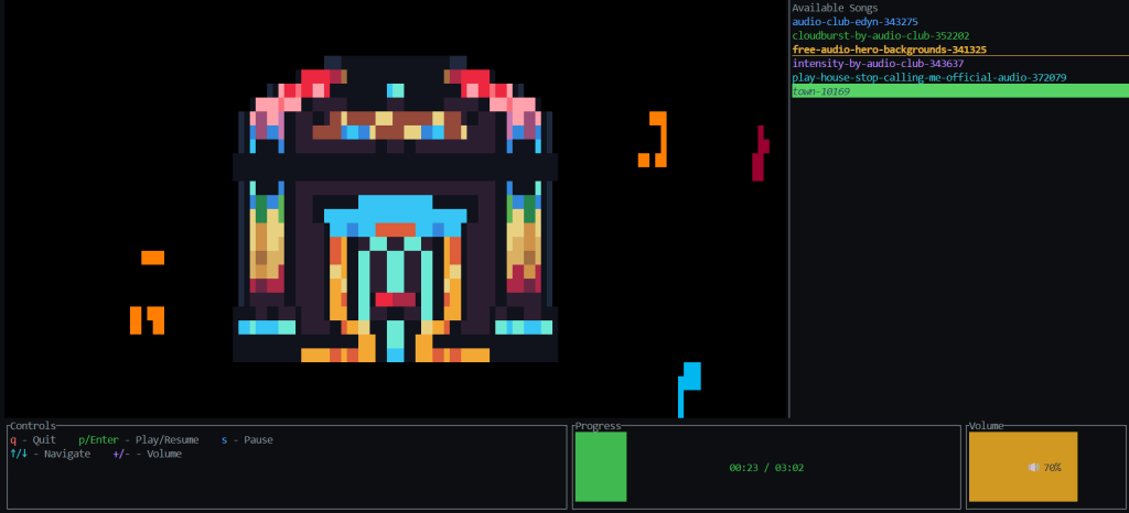 A pixel art jukebox interface in a terminal-based music player. The screen shows colorful pixel graphics in the center, a playlist of songs on the right, and playback controls with progress and volume bars at the bottom.