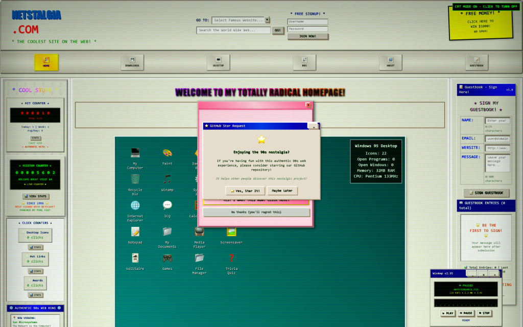 A retro 1990s-style web page called “Netsalgia.com” designed to look like a Windows 95 desktop. The page features colorful buttons, visitor counters, fake ads, and a pop-up asking users to star the GitHub repository for this nostalgic project.