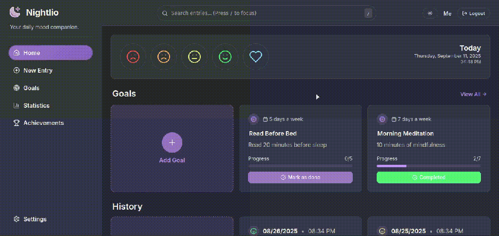 A dark-themed productivity app called Nightliio is shown in motion. The animation highlights mood tracking icons, personal goals such as “Read Before Bed” and “Morning Meditation,” and sections for adding goals, viewing history, and tracking progress through colorful animated bars.