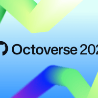 A vibrant abstract background with overlapping green, blue, and purple gradient ribbons behind the text ‘Octoverse 2025’ and the GitHub logo.