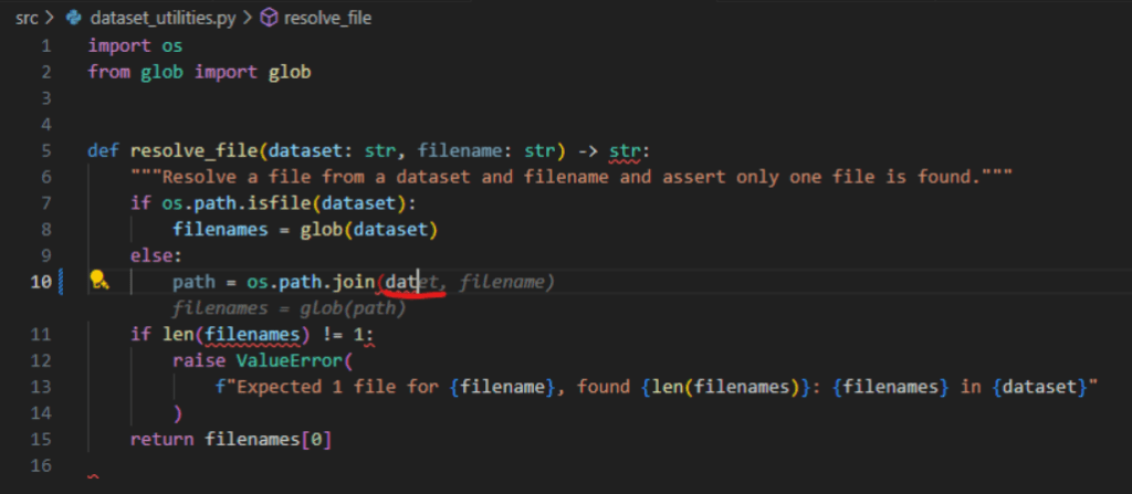 Screenshot of a Python code editor showing a function named resolve_file inside a file called dataset_utilities.py. The function takes two string arguments, dataset and filename, and returns a string. The purpose, according to the docstring, is to resolve a file from a dataset and assert that only one file is found. The code uses os.path and glob to find files. There’s a highlighted line path = os.path.join(dat... with an error under dat, suggesting a variable name typo (dat instead of dataset). Several red underlines indicate syntax or reference errors in the code.