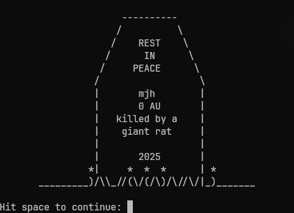 A black terminal window displaying ASCII art of a tombstone reading “REST IN PEACE mjh 0 AU killed by a giant rat 2025,” from a retro text-based game.