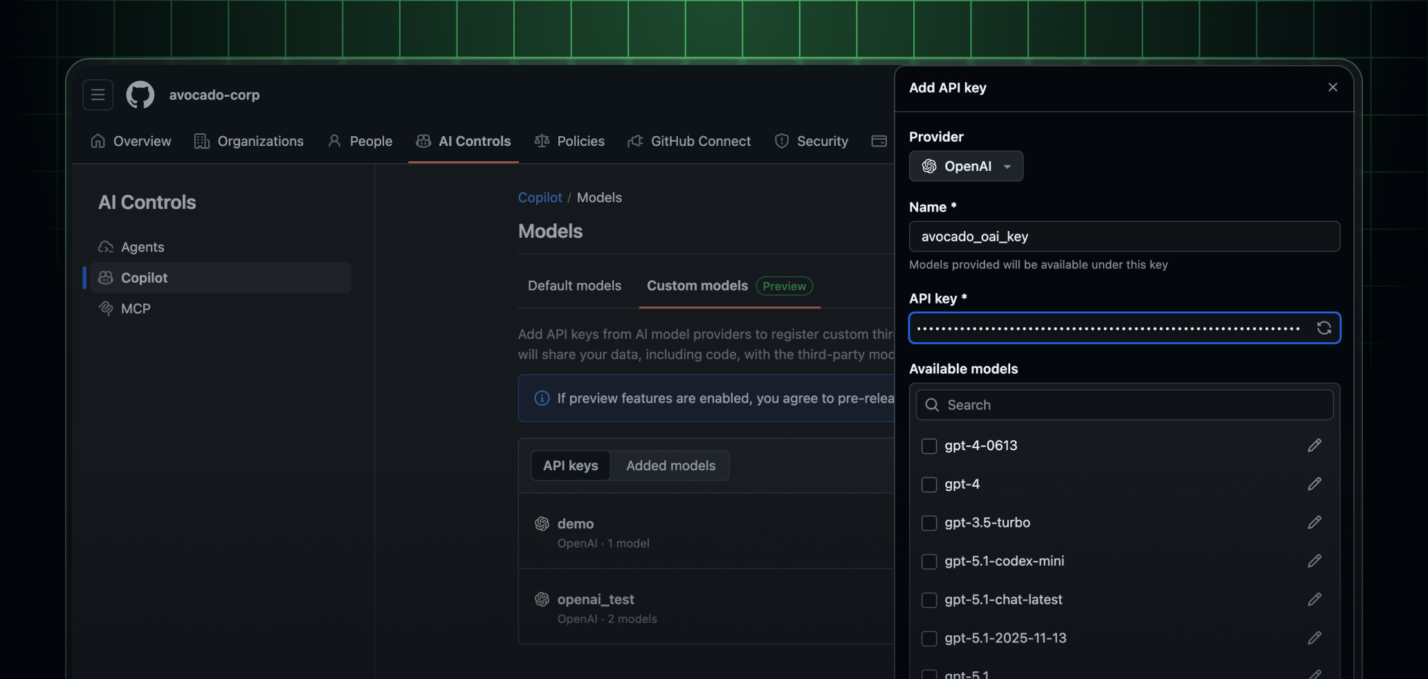 GitHub UI of the bring your own key flow of a user adding an OpenAI model api key