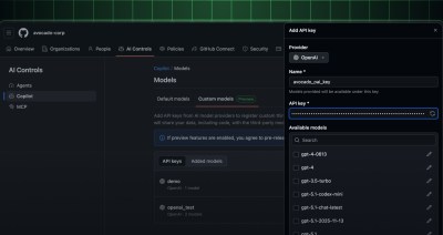 GitHub UI of the bring your own key flow of a user adding an OpenAI model api key