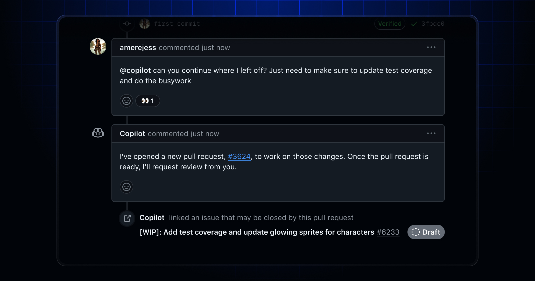 Human-made pull request UI with comment from Copilot coding agent