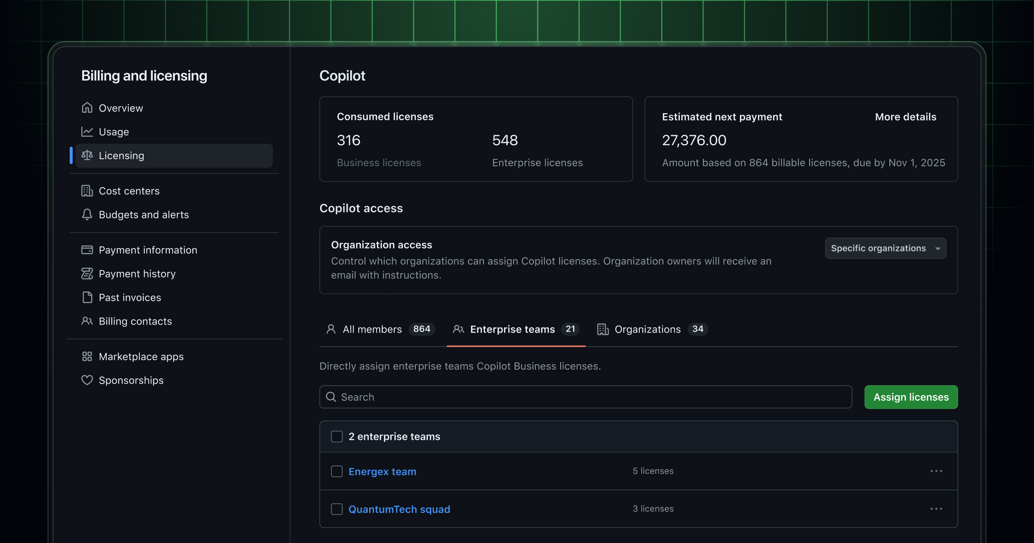 Licensing dashboard for GitHub Copilot Enterprise