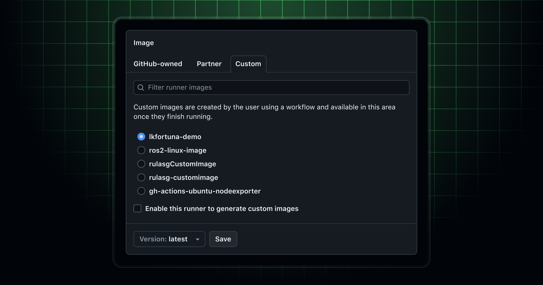 Custom images for GitHub hosted runner dialog