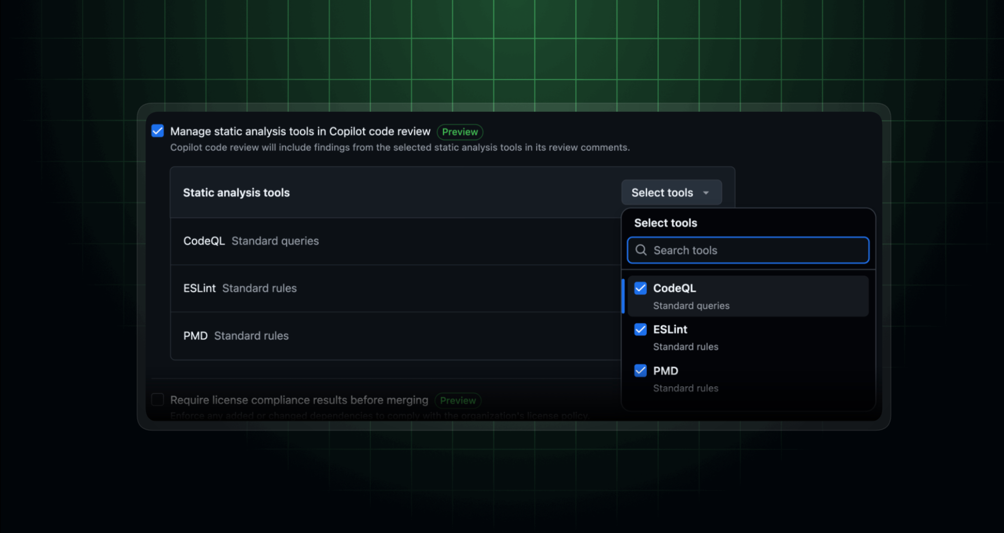 New Repository rule "Manage static analysis tools in Copilot code review"