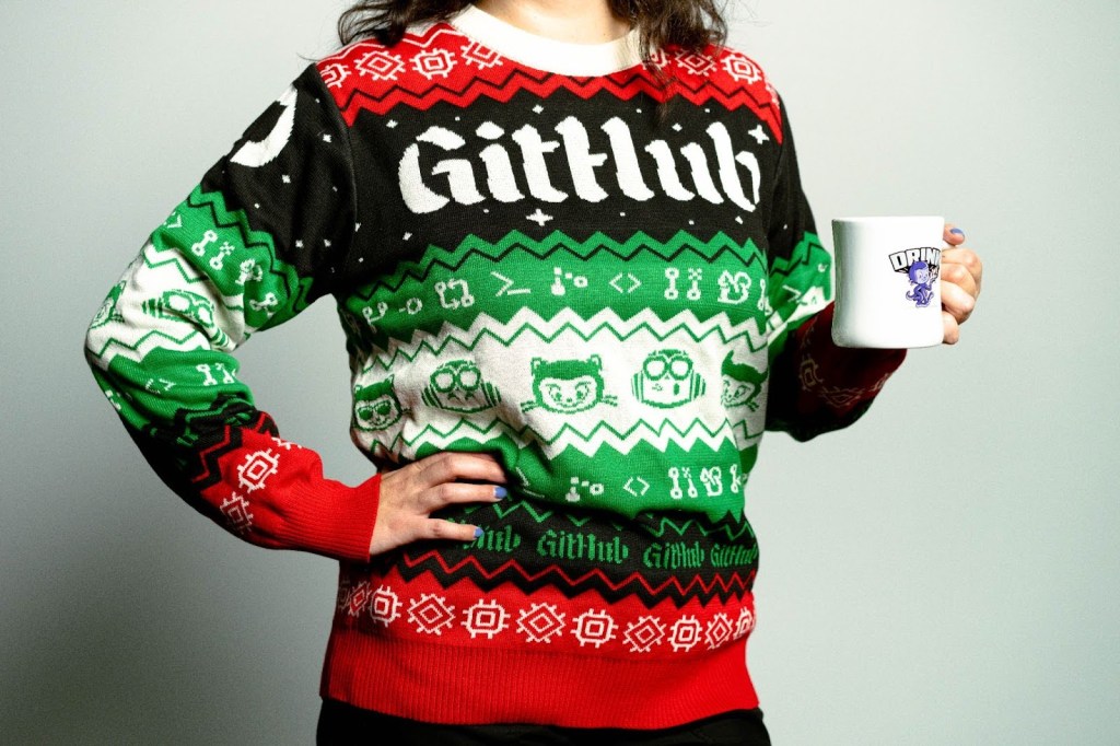 An 'ugly holiday sweater' featuring GitHub, Mona the Octocat, and Copilot.