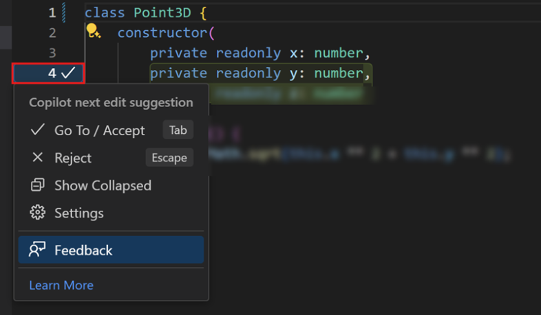 A screenshot of Visual Studio Code showing a TypeScript class definition (class Point3D). A Copilot inline suggestion menu is open beside the constructor parameters, displaying options such as “Go To / Accept (Tab),” “Reject (Escape),” “Show Collapsed,” “Settings,” and “Feedback.” A small badge labeled “4 ✓” is highlighted, indicating Copilot’s fourth suggested edit.