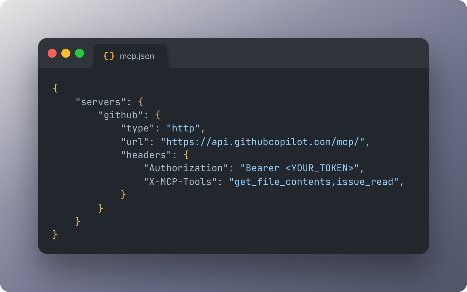 VS Code mcp.json file showing the X-MCP-Tools header configured with get_file_contents and issue_read