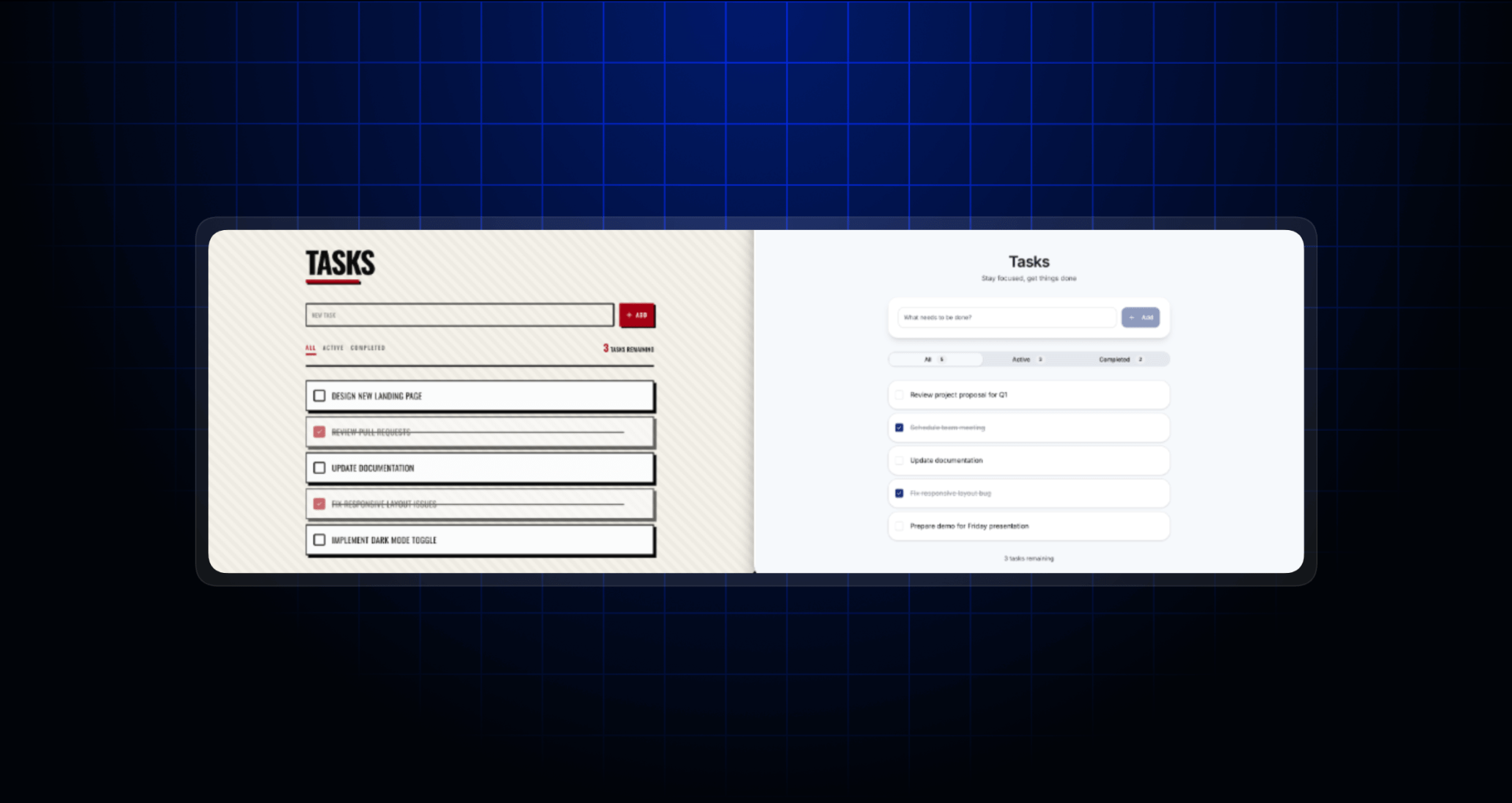 Side-by-side comparison of before and after screenshot of generated apps