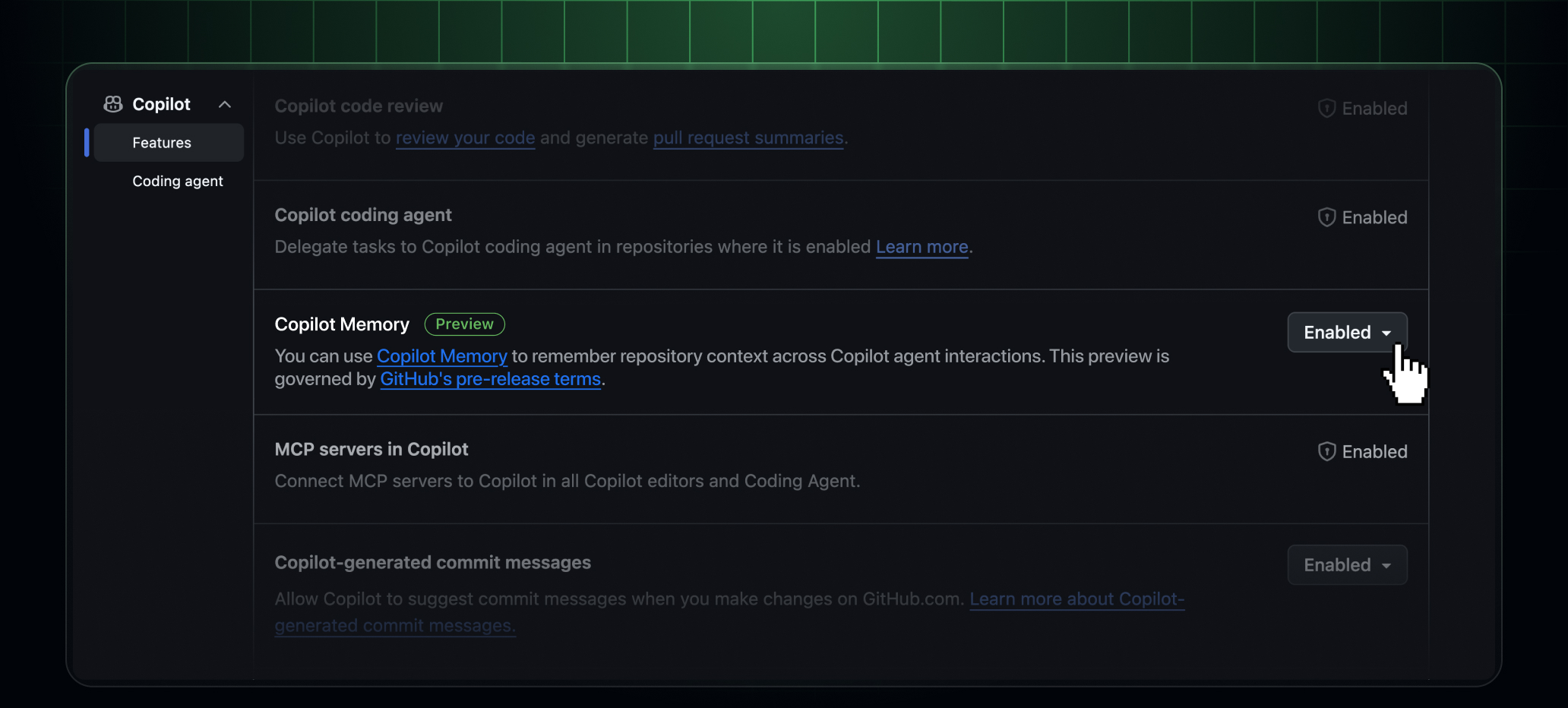Settings UI for enabling Copilot Memory