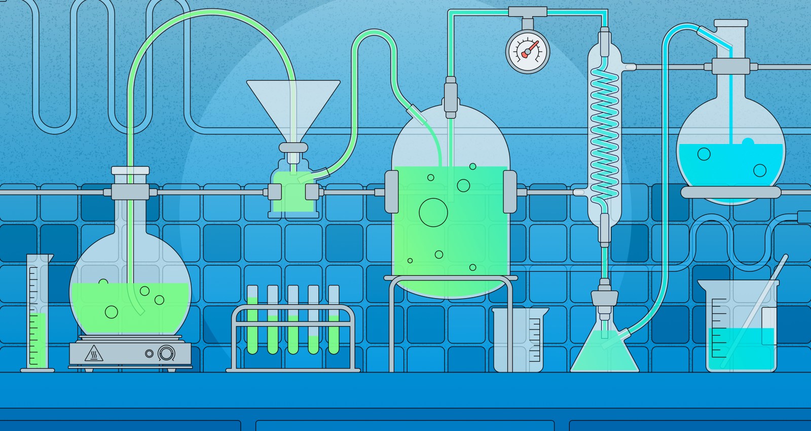 Illustration of a chemistry lab setup with interconnected glassware and tubing. Beakers, flasks, test tubes, and a large central reaction vessel contain glowing green and blue liquids. A pressure gauge, condenser coil, funnels, and heating plates appear along a blue tiled lab wall, with fluids flowing through tubes between the containers.