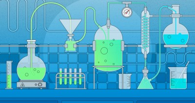 Illustration of a chemistry lab setup with interconnected glassware and tubing. Beakers, flasks, test tubes, and a large central reaction vessel contain glowing green and blue liquids. A pressure gauge, condenser coil, funnels, and heating plates appear along a blue tiled lab wall, with fluids flowing through tubes between the containers.