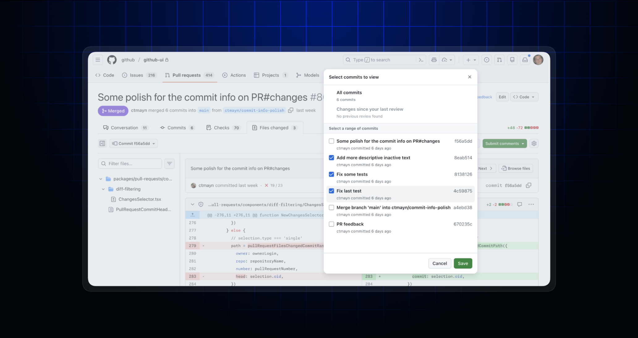 The new commit selector menu with options to show all commits, show commits since last review (which is disabled), or choose a list of commits