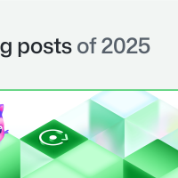 A clean header with the GitHub logo features the bold text “Top blog posts of 2025.” Below it, a grid of glowing green and translucent cubes forms a geometric landscape. GitHub’s colorful Mona mascot sits on one cube near an icon resembling a refresh or sync symbol. The design uses soft gradients and bright highlights to create a modern, tech‑themed look.