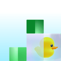 Decorative illustration featuring Ducky inside a translucent cube surrounded by green geometric blocks.