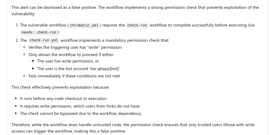 Image showing LLM output of reasons to reject an alert after taking into account of the dismissal reasons.