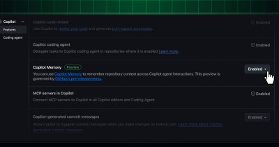 Settings UI for enabling Copilot memory