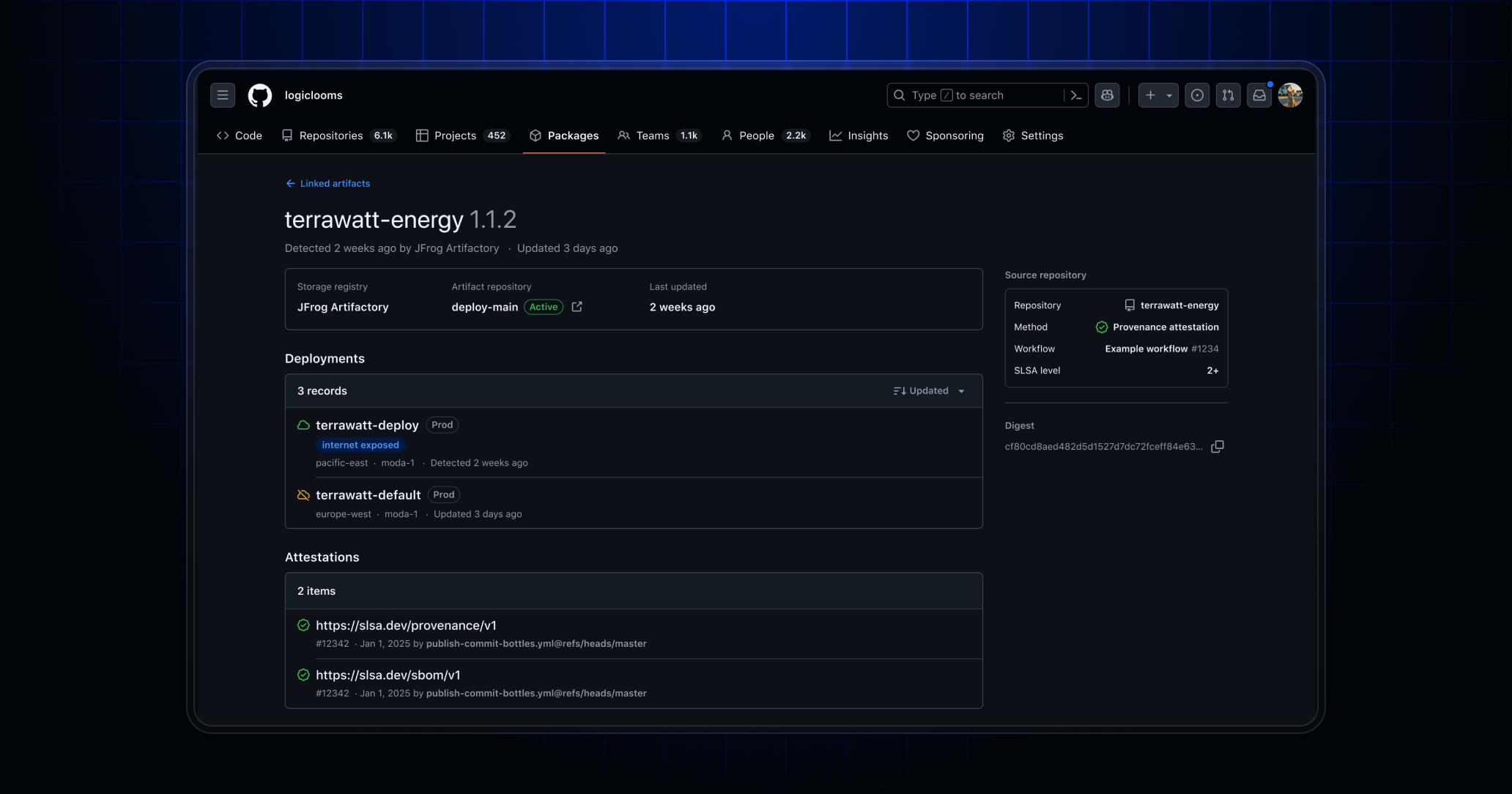 Artifact view with storage and deployment context