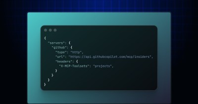 A code snippet defines a GitHub server configuration with an HTTP endpoint, an api.githubcopilot.com MCP insiders URL, and an X‑MCP‑Toolsets header set to projects.