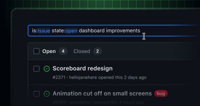 An issues search for 'is:issue state:open dashboard improvements' with two results: 'Scoreboard redesign' and 'Animation cut off on small screens'