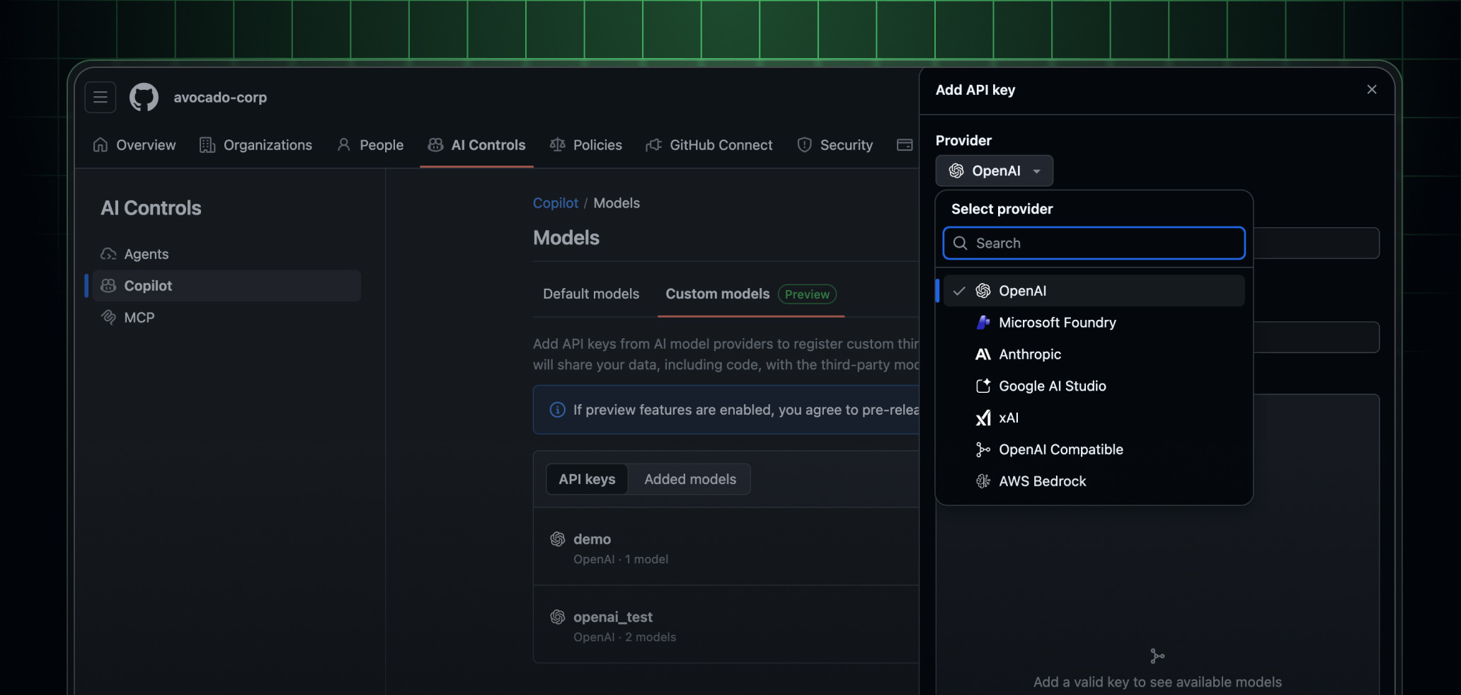 GitHub Copilot BYOK new providers in model picker.