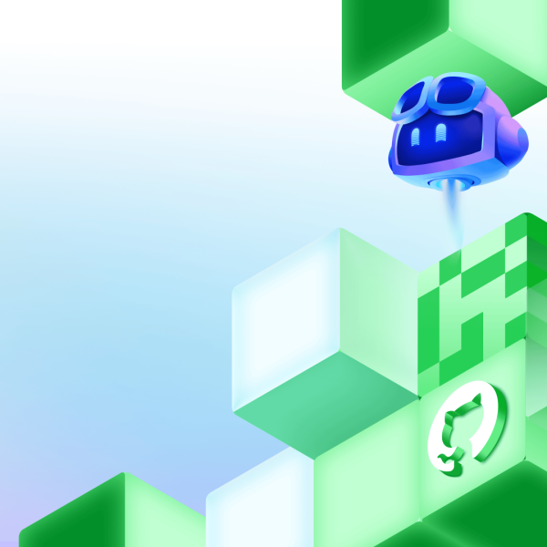 Copilot hovering above geometric blocks featuring the GitHub invertocat logo in a decorative scene.