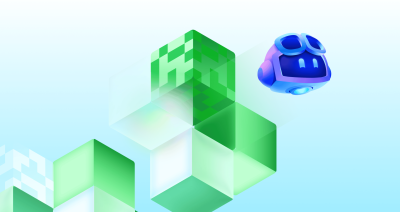 Copilot hovering beside a cluster of geometric cubes in a decorative scene.