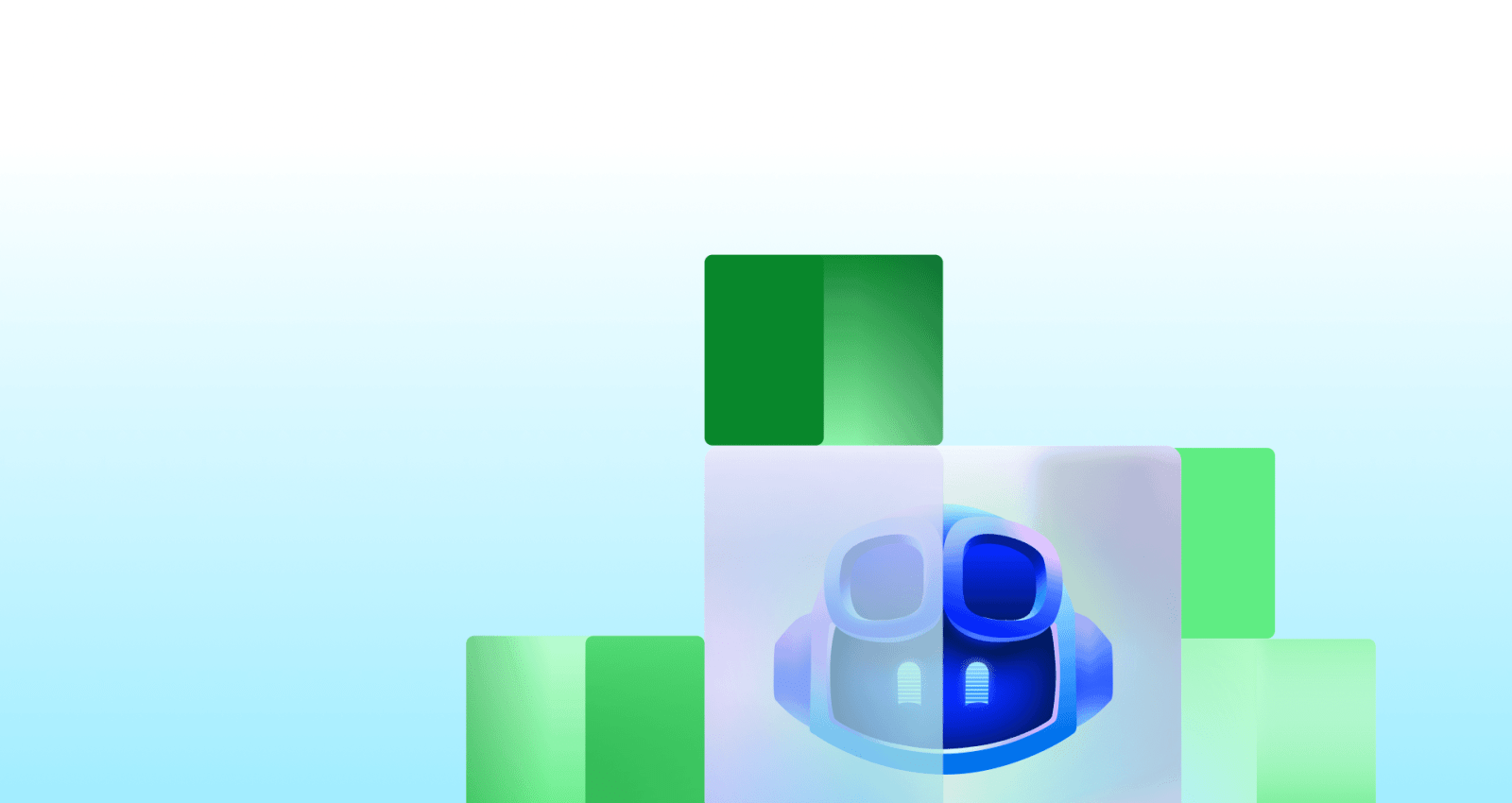 Decorative background featuring Copilot centered among layered green blocks in an abstract layout.