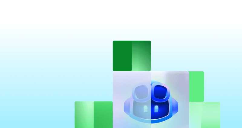 Decorative background featuring Copilot centered among layered green blocks in an abstract layout.