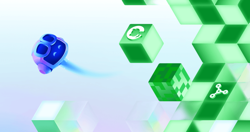 Copilot moves toward floating green cubes displaying GitHub-related icons in a decorative tech-themed scene.