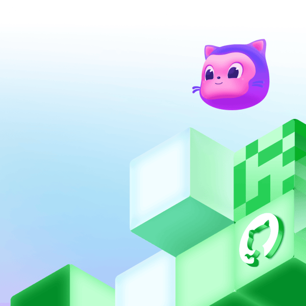 Mona floats above green geometric blocks that include a GitHub invertocat logo in a decorative scene.