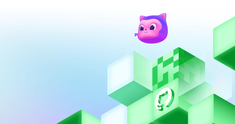 Mona floats above green geometric blocks that include a GitHub invertocat logo in a decorative scene.