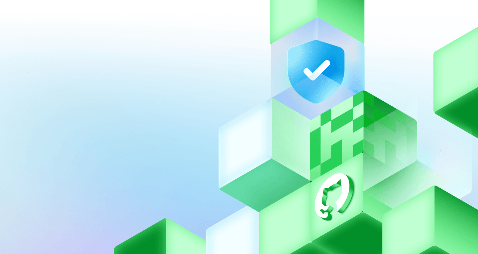 An abstract graphic featuring stacked cubes with a security checkmark shield and the GitHub invertocat logo.
